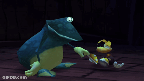 Big-Eyed Character With Frog Hat On Dark Floor GIF