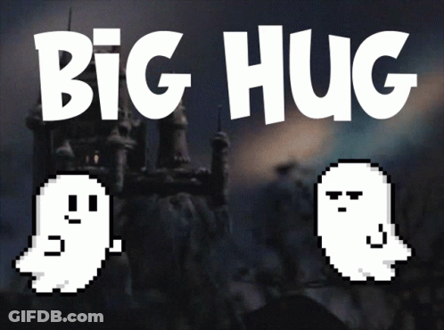 Big Hug Sign With Two Ghosts In Snowy Castle GIF
