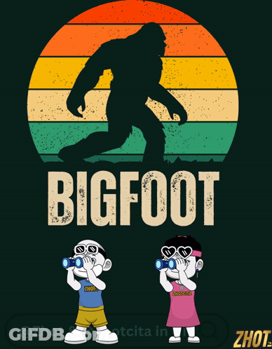 Bigfoot Poster With Boy And Girl Looking Through Binoculars GIF