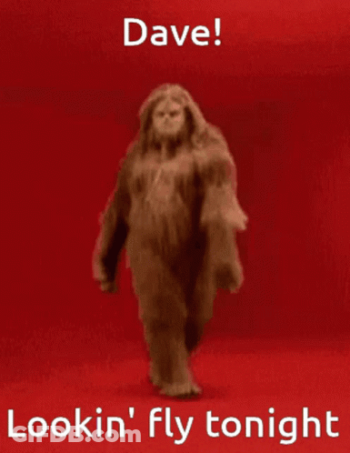 Bigfoot Walking On Red Background Saying Dave Lookin Fly Tonight GIF