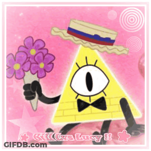 Bill Cipher Holding Purple Flowers And Hat GIF