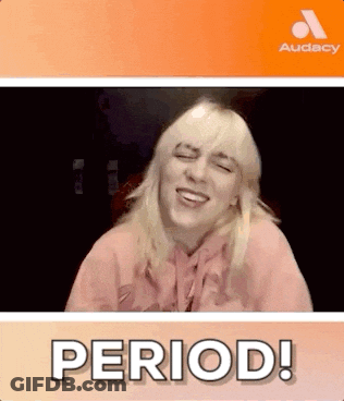 Billie Eilish Is Smiling While Wearing A Pink Hoodie And The Word Period Is On The Screen . GIF