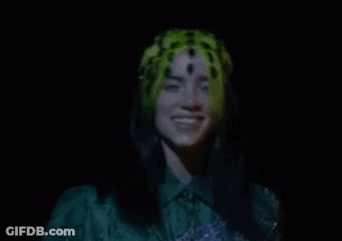 Billie Eilish Wearing Green Leopard Turban And Dress GIF