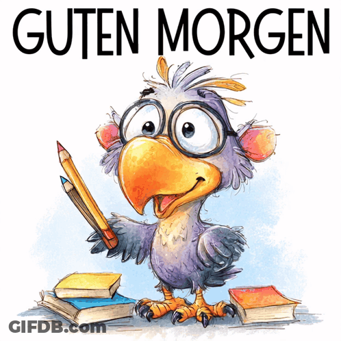 Bird Holding Pencil Saying Guten Morgen GIF