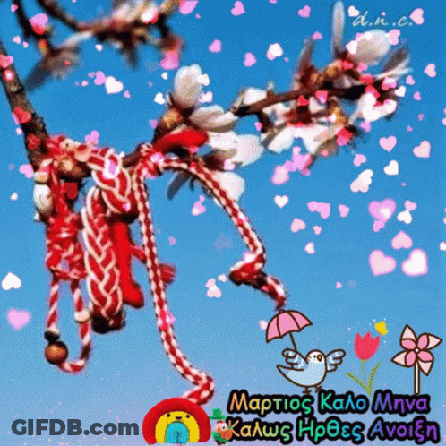 Bird Holding Umbrella Under Falling Hearts GIF