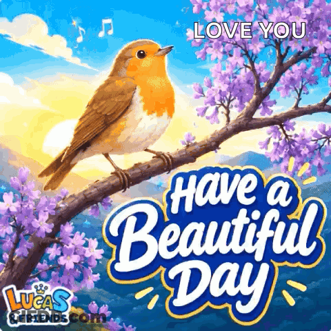 Bird On Branch With Purple Flowers Saying Have A Beautiful Day GIF