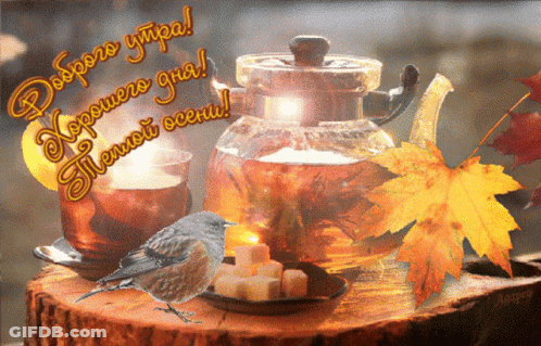 Bird On Stump Next To Teapot And Two Tea Cups GIF