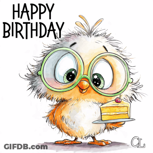 Bird Wearing Glasses Holding Cake GIF