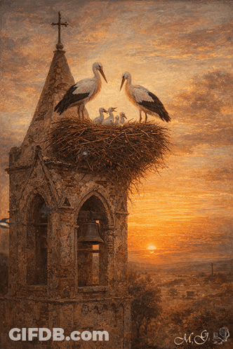 Birds In Nest On Bell Tower GIF