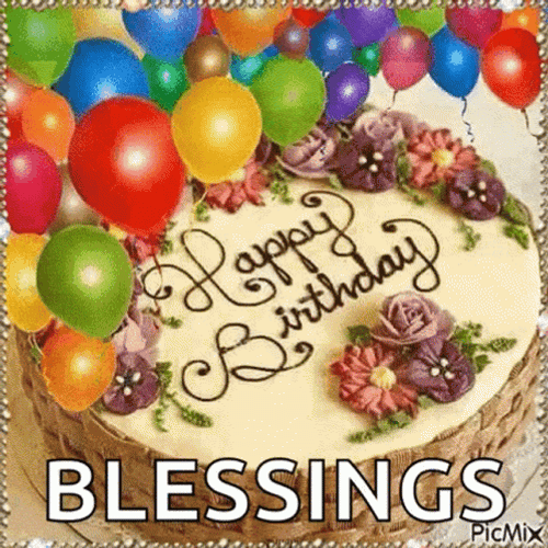 Birthday Blessings Cake & Balloons GIF