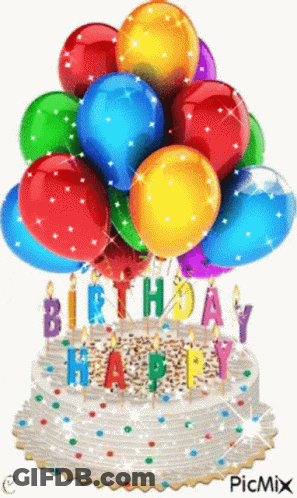 Birthday Cake With Balloons And Candles Saying Happy Birthday GIF