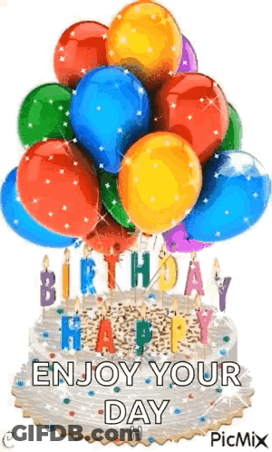 Birthday Cake With Balloons And Candles Saying Happy Enjoy Your Day GIF