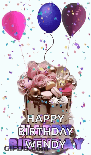 Birthday Cake With Balloons And Confetti GIF