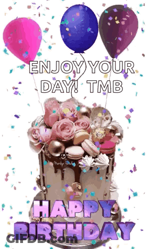 Birthday Cake With Balloons And Confetti Saying Enjoy Your Day TMB Happy Birthday GIF