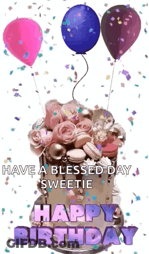 Birthday Cake With Balloons And Confetti GIF