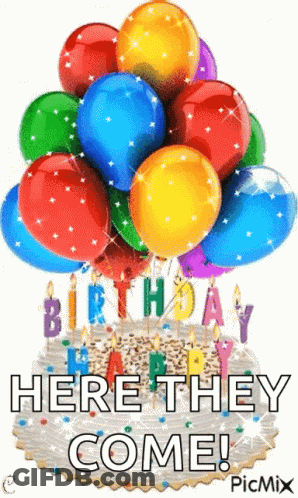 Birthday Cake With Balloons And Here They Come GIF