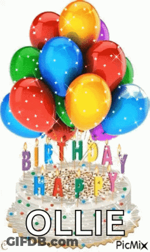 Birthday Cake With Balloons And Name Ollie GIF