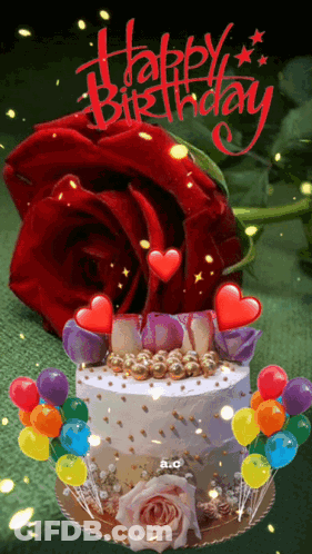 Birthday Cake With Balloons And Red Rose GIF