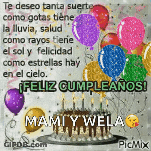 Birthday Cake With Balloons And Tanta Suerte GIF