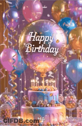 Birthday Cake With Balloons Candy And Happy Birthday GIF