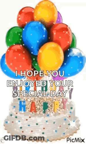 Birthday Cake With Balloons Saying I Hope You Enjoyed Your Special Day GIF