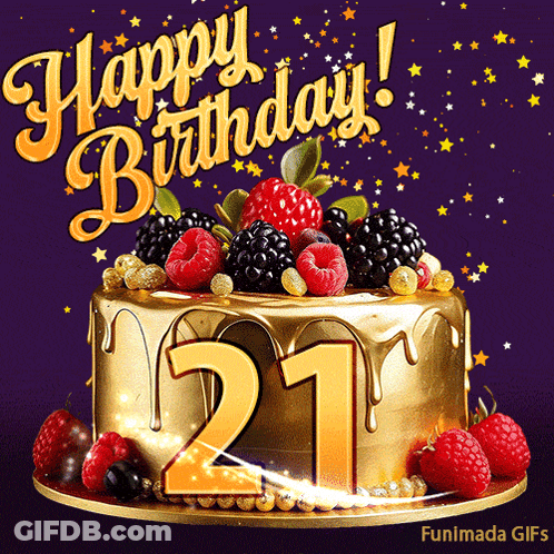 Birthday Cake With Berries And Number 21 GIF