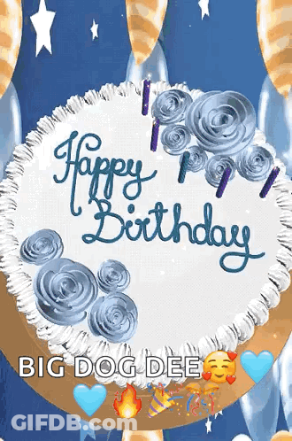 Birthday Cake With Blue Frosting And Candles GIF