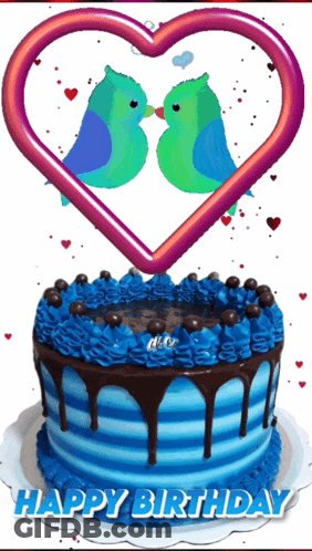 Birthday Cake With Blue Frosting And Two Kissing Birds GIF