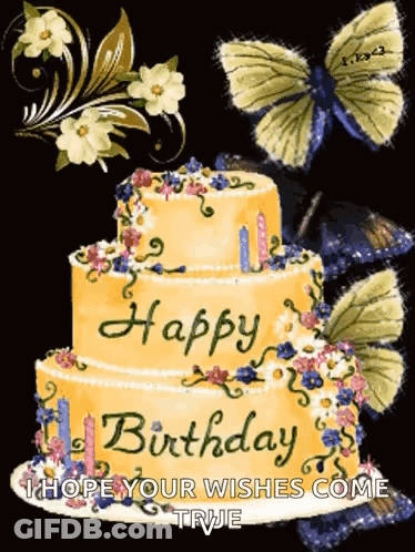 Birthday Cake With Butterflies Flowers GIF