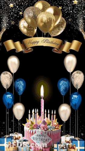 Birthday Cake With Candles And Balloons And Happy Birthday Banner GIF