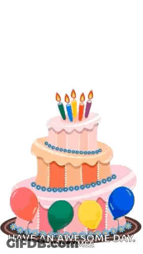 Birthday Cake With Candles And Balloons Saying Happy Birthday Have An Awesome Day GIF