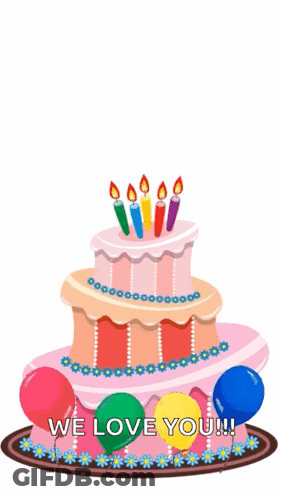 Birthday Cake With Candles And Balloons Saying We Love You GIF