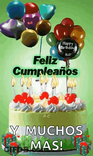 Birthday Cake With Candles And Balloons Says Feliz Cumpleaños GIF