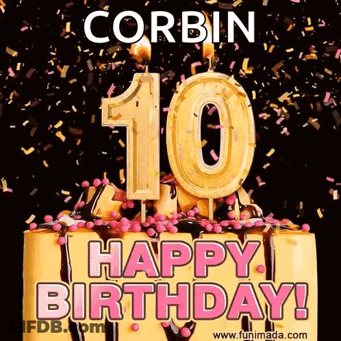 Birthday Cake With Candles And Confetti Saying Happy Birthday Corbin GIF