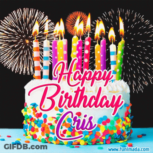Birthday Cake With Candles And Fireworks Saying Happy Birthday Cris GIF