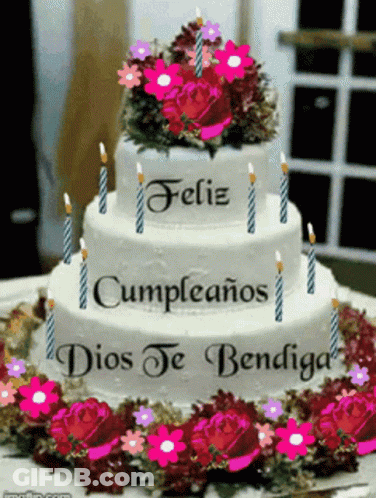 Birthday Cake With Candles And Flowers GIF