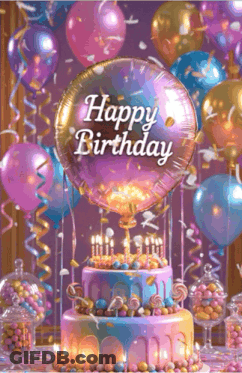 Birthday Cake With Candles And Happy Birthday Balloon GIF