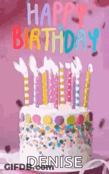 Birthday Cake With Candles And Sprinkles Saying Denise GIF
