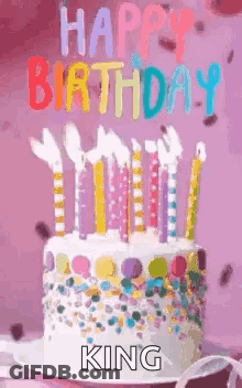 Birthday Cake With Candles And Sprinkles Saying Happy Birthday King GIF