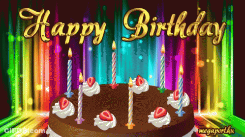 Birthday Cake With Candles And Strawberries Saying Happy Birthday GIF