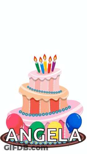 Birthday Cake With Candles, Balloons, And Angela GIF