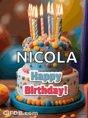 Birthday Cake With Candles Saying Nicola Happy Birthday GIF