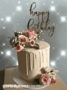 Birthday Cake With Flowers And Happy Birthday Sign GIF