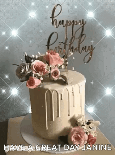 Birthday Cake With Flowers And Have A Great Day Janine GIF