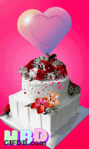 Birthday Cake With Flowers And Heart Saying HBD GIF