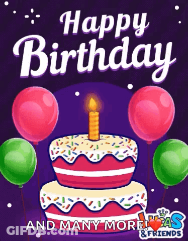 Birthday Cake With Lit Candle And Balloons On Purple Background GIF