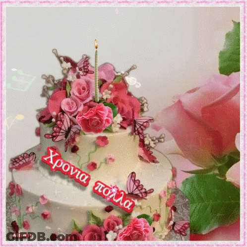 Birthday Cake With Pink Flowers And Butterflies And Candle GIF