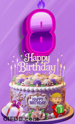 Birthday Cake With Purple Number 8 GIF