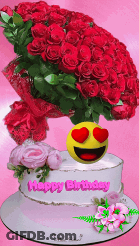 Birthday Cake With Red Roses And Smiley Face GIF