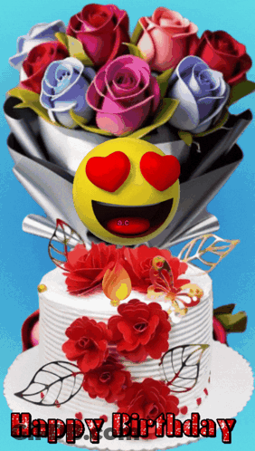 Birthday Cake With Roses And Smiley Face GIF